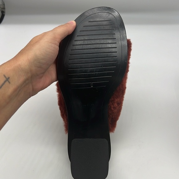 Zara - Brick Red Faux Fur  Slip On Open Toe Wide Block Mule Heels Size 39 - Picture 8 of 14